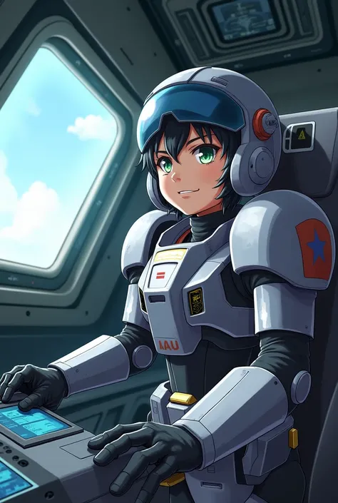 A boy pilot wearing a bulky robot suit, piloting a combat machine inside the futuristic cockpit. The illustration should be in the style of Japanese anime art, showing the boy with a determined expression as he operates a complex control panel. The backgro...