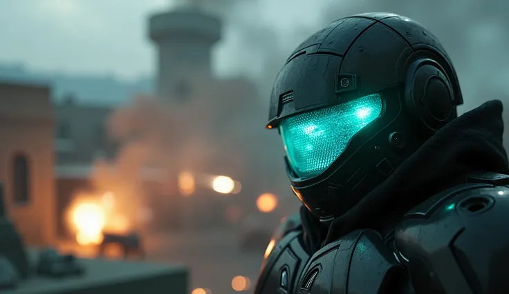 An extreme close-up frames the glowing **cyan visor** of a **Robo-Cop guard** perched atop the **H.A.P.S. walls.** The faint flicker of holographic targeting data reflects on the smooth surface of the visor as the guard tracks incoming **rebel missiles.** ...