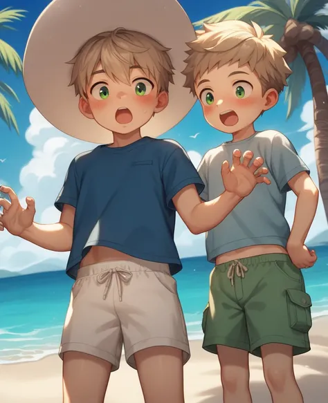  score_9,  score_8_arriba,  score_7,  score_6,    source    _    animated, Just 1 boy Shota ,  green eyes,  light brown hair , blushing,  surprised ,  white beach shorts , blue shirt,  beach/beach hat, arena,   palm trees and shadows  , Mar,  perfect bodie...