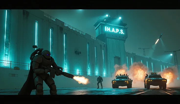 A wide shot captures the towering **H.A.P.S. prison walls**, reinforced with brutalist **concrete and steel**, lined with glowing **cyan conduits** running vertically along their edges. Atop the walls, **Robo-Cop guards** operate an array of **M270 MLRS sy...