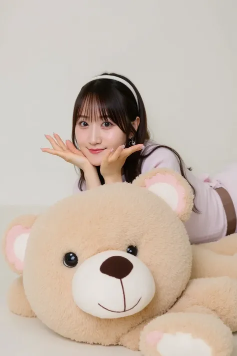  Korean girl lying on a cute teddy bear、Modeling photo of smiling with her hands on her face  