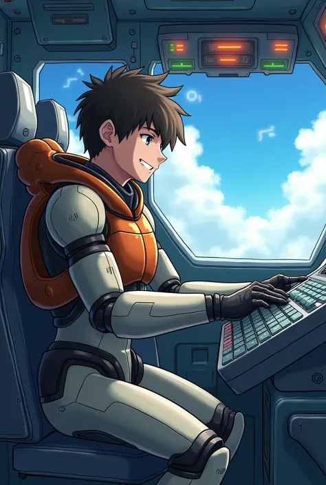 A boy pilot wearing a bulky robot suit, piloting a combat machine inside the futuristic cockpit. The illustration should be in the style of Japanese anime art, showing the boy with a enjoying expression as he operates a complex control panel. The backgroun...