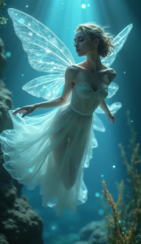 a beautiful water fairy with a transparent tunic and translucent wings, detailed facial features, porcelain skin, detailed dress flowing in the wind, realistic water effects, magical underwater scene, glowing bioluminescent plants, dramatic lighting, vibra...