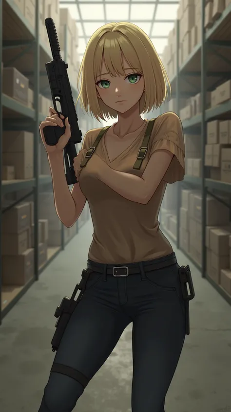 Whole body expression、woman、18 years old、 An Extraordinary Beauty、Western-style look、 blonde bob cut、With bangs、wearing bangs over the forehead、Droopy eyes、downturned eyes、 your arms are machine guns 、Bullets come out of your fingertips 、 your 10 fingertip...