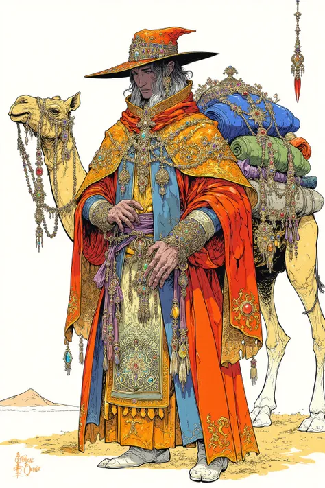  A Peddler Opens a Shop in a Desert Oasis , The Merchant's Hat Is Decorated with Colourful Jewels,Merchant's Outfit , A Camel Full of Luggage ,RPG Character Art  ,  highly detailed character design  ,  dark fantasy style  ,    RPG character concept art  , ...