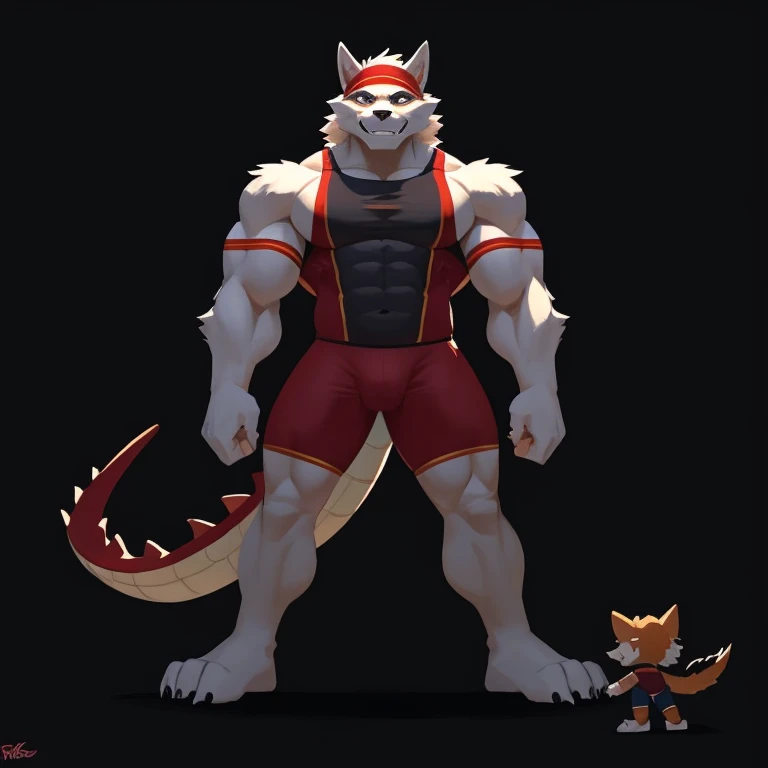 The image depicts a tall, muscular anthropomorphic wolf character with a confident and commanding stance. The wolf has a smug expression and is wearing form-fitting athletic clothing that emphasizes their strength and physique. Their large paws are promine...