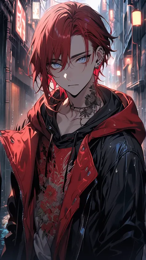 Solo, 1boy, boy, 25 years old, red hair, grey eyes, half up half down hair, light blue eyes, flower tattoo on neck, piercings, gangster, hoodie, beautiful color, high detail, detailed background. City, alley, raining, night, Close-up, Looking at viewer, 