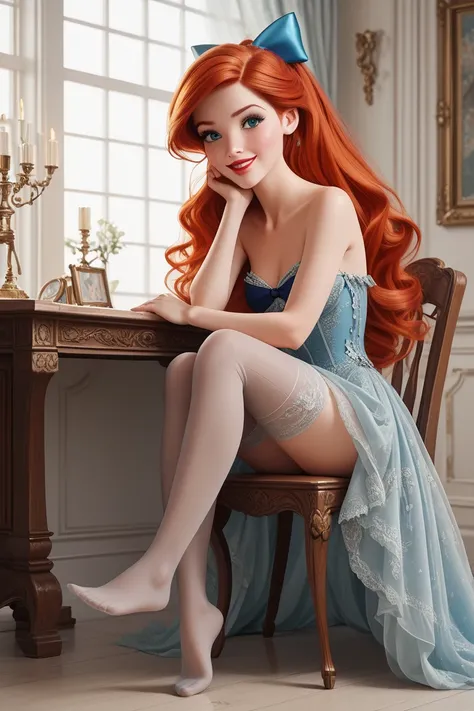 PonyXLV6_Scores ,source_anime, masterpiece,best quality, highly detailed, full frontal body view, BREAK Ariel, 1girl, porcelain doll, solo, redhead, long and loose hair, blue eyes, naughty face, nude, small beautiful feet, blue bow, ponytail, Disney 3D ren...