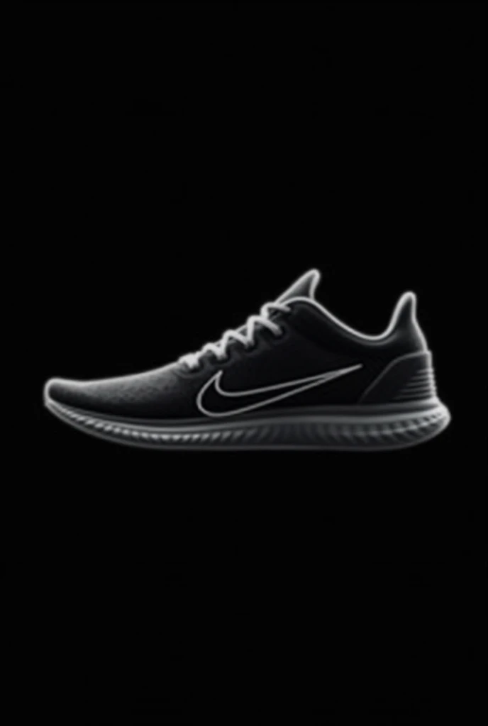 Create a continuous outline of a running shoe from a side perspective with a white line on a black background 