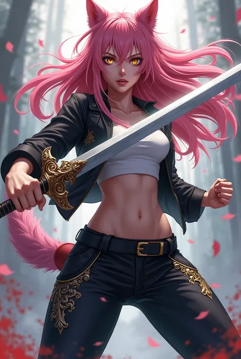  an anime werewolf girl ,  fair skin , pink hair,  golden eyes,  black and white clothes , black and white pants,  serious and furious expression, brandishing a heavy sword .
