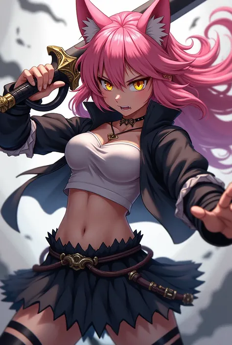  an anime werewolf girl ,  fair skin , pink hair,  golden eyes,  black and white clothes , black and white pants,  serious and furious expression, brandishing a heavy sword .
