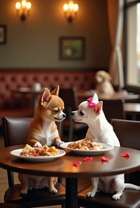 Make 2 Chihuahua puppies,  a male with a brown color and white tones on the chest, And another female with a white color and a pink bow on her head on a date at a restaurant, they are seated in the chair at a table just for them,  a chic restaurant with ot...