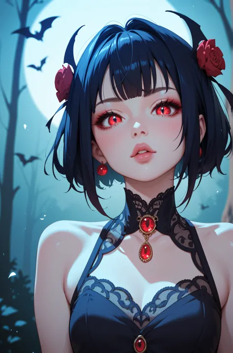 An 18-year-old vampire with a slender body, Big scarlet eyes,  small lips ,  pink cheeks, fair skin ,medium dark blue female hair ,  Delicate Short Black Dress, in anime style , alone,In a forest under the light of the full moon. 