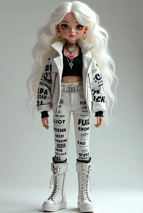 BJD doll,   girl,Black top with English text pattern，She has long white curly hair, a red heart tattoo on her face, multiple silver necklaces of different lengths, multiple silver earrings and pierced ears, a white vest with a large skull pattern, and a wh...