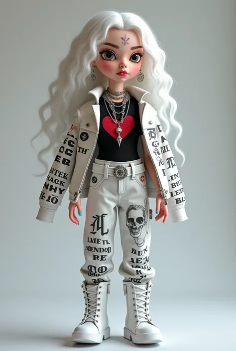 BJD doll,   girl,Black top with English text pattern，She has long white curly hair, a red heart tattoo on her face, multiple silver necklaces of different lengths, multiple silver earrings and pierced ears, a white vest with a large skull pattern, and a wh...