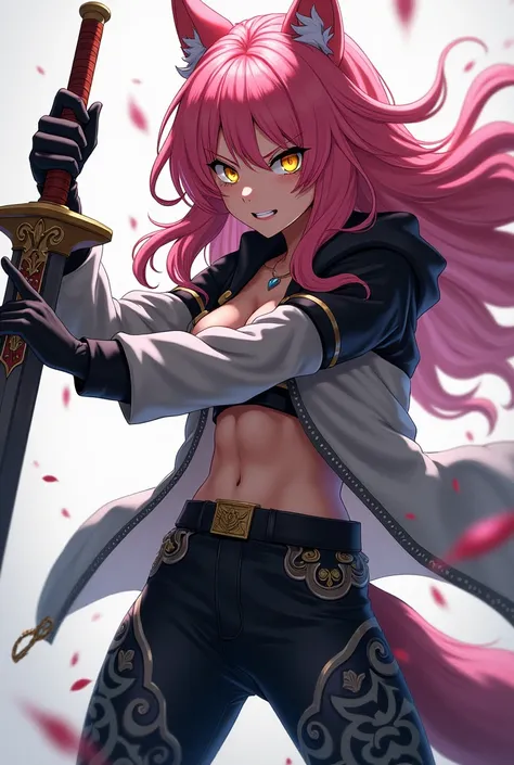  an anime werewolf girl ,  fair skin , pink hair,  golden eyes,  black and white clothes , black and white pants,  serious and furious expression, brandishing a heavy sword .
