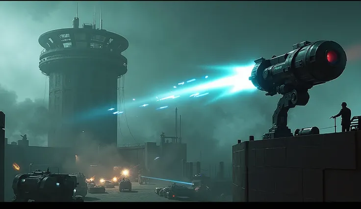 A medium shot captures a **plasma turret** mounted on the **H.A.P.S. prison walls**, glowing cyan as it fires a rapid volley of energy bolts toward the **rebel vehicles** below. The camera lingers on the turret’s sleek, angular design as its glowing barrel...