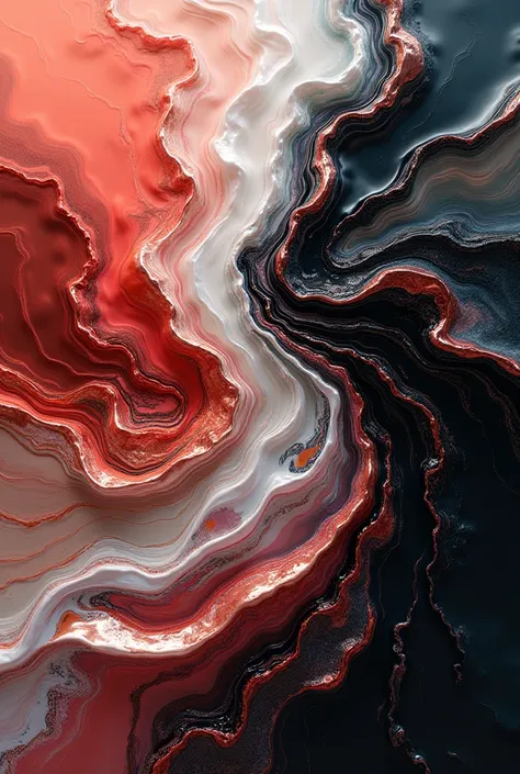 1x1 image with liquids that look like metallic it is as if mercury gives it color, Between reds, whites and blacks, something abstract, the liquid has to flow quite a bit 