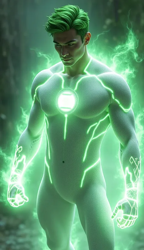 Full body photorealistic handsome hunky young futuristic Young Lantern with green hair wearing a white  micro scale textured transparent mesh costume, and wristbands that can manipulate levitation, his body is covered with bursting energy, with prominent e...