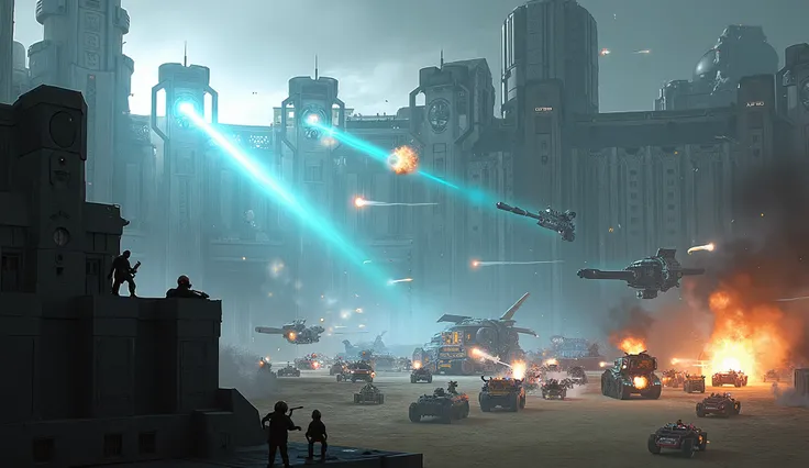 A wide shot captures the chaotic battlefield from behind the **H.A.P.S. walls,** showing the turrets firing in unison. Bright **blue laser beams** streak downward, slamming into the advancing **rebel vehicles**. The beams create precise, devastating explos...