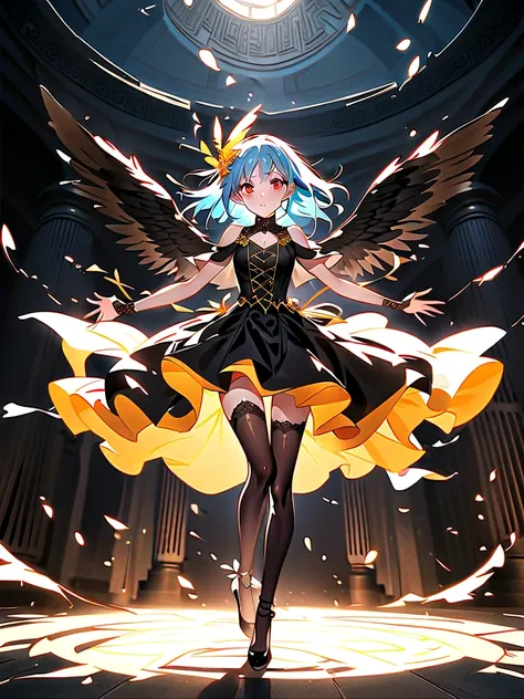 A young female magician with long light blue hair and red eyes, possessing fair skin. She wears a yellow-themed hair accessory in her hair, and a flowing, soft orange and black dress with gentle, layered fabric that evokes warmth and kindness. The dress fe...