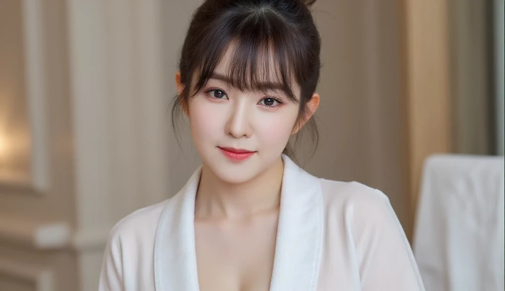 (32k, Masterpiece, Best Quality, Extremely detailed, Realistic skin texture, Ultra HD, High resolution, top quality), ((((close up face)))), a close up full face of a woman with  stylish tied up hair with bang,  wearing high slit cut open bathrobe (((no br...