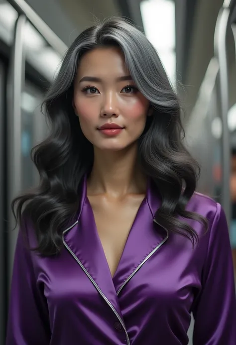 Extremely photorealistic beautiful youthful looking Chinese woman a sexy beautiful youthful looking Chinese as a 50 years old wom an supermodel long curly gray hair in a big curls styles with black highlights her graying hair complements her mature yet you...