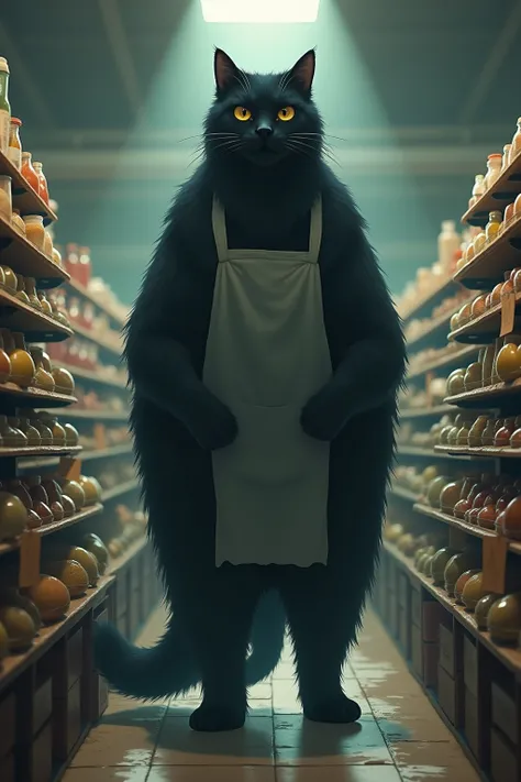 The cat ghost 、Giant cat、 walking on two legs、Black Cat、Wearing an apron、 has a shape close to the size 、 The background is a place where ingredients are selected at a supermarket、