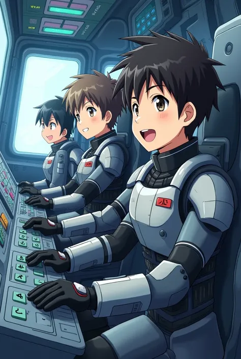 Two boy pilots wearing a bulky robot suit, piloting a combat machine inside the futuristic cockpit. The illustration should be in the style of Japanese anime art, showing the boy with a enjoying expression as he operates a complex control panel. The backgr...