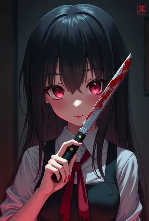 An anime girl staring and smiling while holding a bloody knife