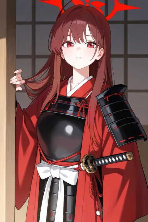 1 girl, Hair length reaches the back, Brown hair and red hair on the edges of the hair, red eyes, but not bright, wear a samurai outfit, หน้าอกไซส์ปานกลาง, have a red halo