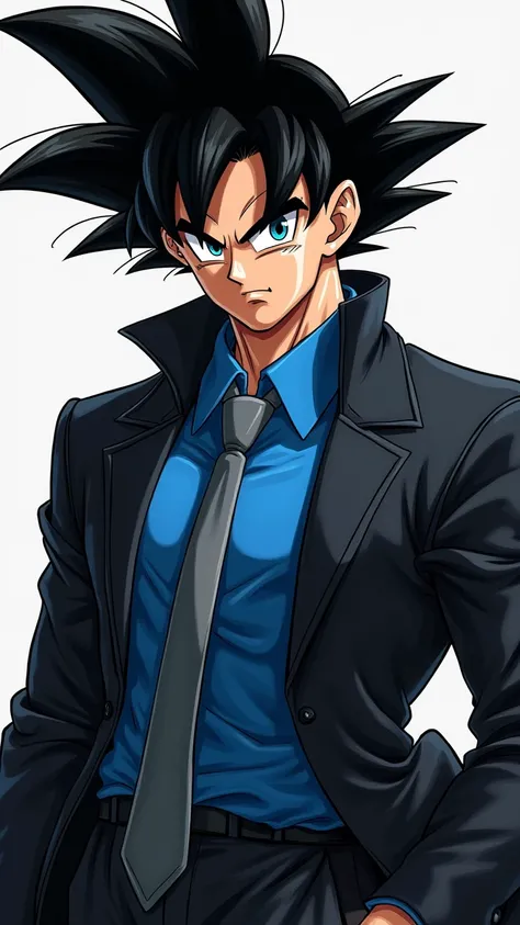 Goku with black jacket and with blue shirt and jeans and gray tie and black hair and blue eyes 