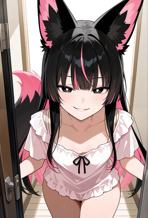 masterpiece, highres, absurdres, masterpiece, best quality, amazing quality, 1girl, fox girl, aged up,  smirk, looking at viewer, light blush, black hair, pink highlights, bangs, black eyes, white pupils, fox ears, fox tail, small breasts, wide hips, casua...