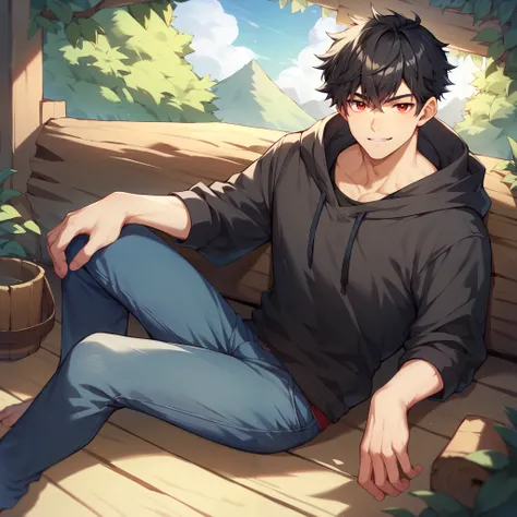 a male with black hair and red eyes. he smiles at you while sitting in a log cabin. he wears a black hoodie and blue jeans.