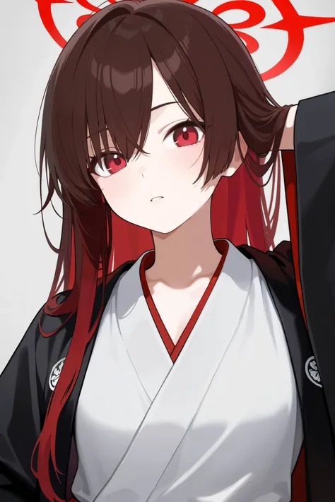 1 girl, Hair length reaches the back, Brown hair and red hair on the edges of the hair, red eyes, but not bright, wear a samurai outfit, หน้าอกไซส์ปานกลาง, have a red halo