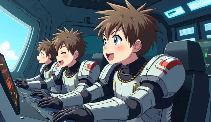 Three boy pilots wearing a bulky robot suit, piloting a combat machine inside the futuristic cockpit. The illustration should be in the style of Japanese anime art, showing the boy with a enjoying expression as he operates a complex control panel. The back...