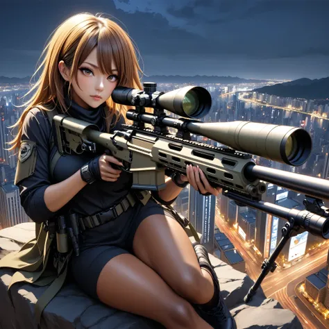   1 girl in the best, sniper ライフル、  sniper 、Master sniper 、 special forces 、   matte brown skin ,   full body,Mountain top、 Big City Night View