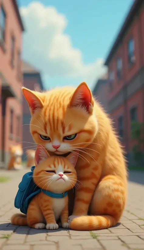 Create a hyper-realistic 4K image of two orange tabby cats sitting together outdoors, both with very sad and sorrowful expressions. The larger cat should have a comforting posture, while the smaller cat looks upset and is wearing a small blue backpack. The...