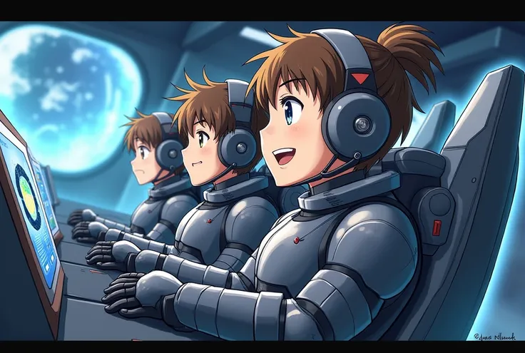 Three boy pilots wearing a bulky robot suit, piloting a combat robot inside the futuristic cockpit. The illustration should be in the style of Japanese anime art, showing the boy with a enjoying expression as he operates a complex control panel. The backgr...