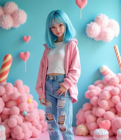 PHOTOGRAPHY REALISTIS a cute beutiful Korean woman with blue hair, wearing modern trendy casual, rock jeans shoes sporty, standing in front of a vibrant,  background with various playful elements such as clouds, hearts, and sweets. The background also incl...