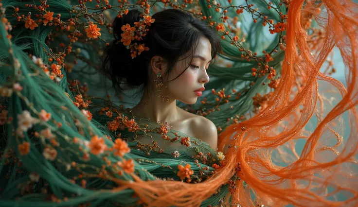 A tapestry woven with grace and ease. Draped in fabrics of green and salmon, Each fold tells stories, both ancient and new. With petals of blossoms inked on her skin, A tale of resilience, where courage begins. Her gaze, a horizon, where dreams take flight...