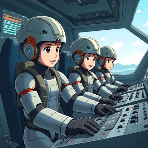 Three boy pilots wearing a bulky robot suit, piloting a combat robot inside the futuristic cockpit. The illustration should be in the style of Japanese anime art, showing them with a enjoying expression as they operates a complex control panel. The backgro...