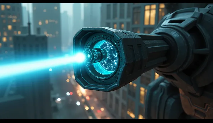 An extreme close-up captures the glowing barrel of a **turret mounted on the H.A.P.S. walls**, its sleek, futuristic design pulsing faint cyan as it charges. Faint sparks flicker from the turret’s energy core as a **blue laser beam** fires, creating a shar...