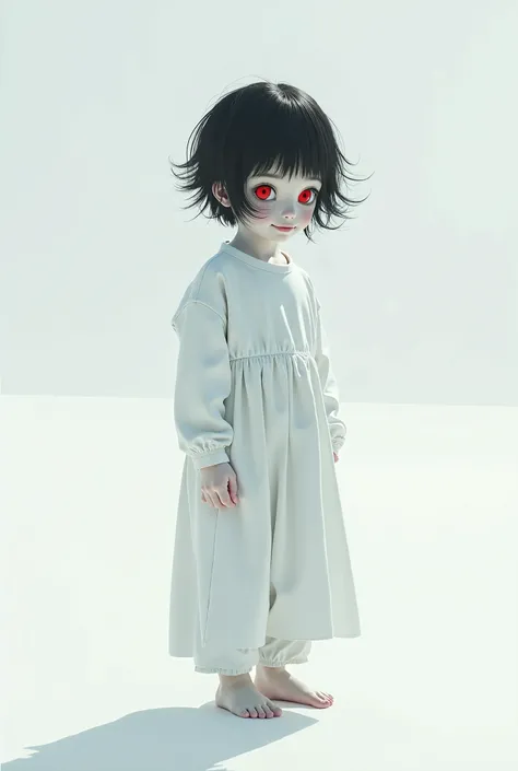 Five-year-old red-eyed, black-haired, pale-skinned  wearing white clothes in an infinite white room. Photorealistic illustration sitting on the floor smiling in a creepy way 