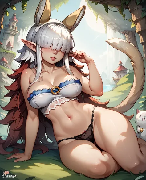 Red hair, Rosto detalhado, grandes olhos, hair over eyes, long hair, pointy Elf ears, Very sexy panties, panties, peitos muito grandes, cabelos vermelhos encaracolados, sexy, sexy, sexy, sexy, sexy, sexy, 1girl, nanachi, \(made in abyss\)/,(ultra HD qualit...