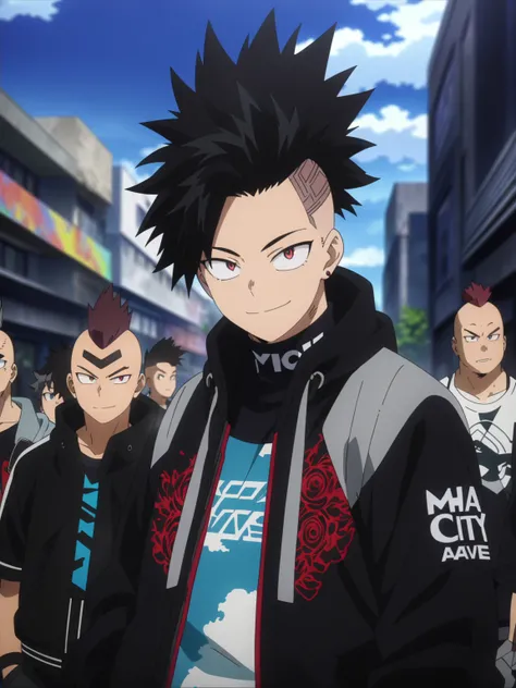 (masterpiece, best quality, anime, anime coloring:1.3, superhigh res). 20-years-old, young, 1man, male. ((Black hair, red eyes, mohawk hair. Wearing a streetwear. Happy smile)) City avenue background, daylight.

My Hero Academia character, MHA style, anime...