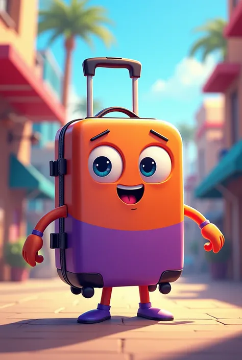  A mascot called Orgasulito ,  is from a school travel agency, It would be a suitcase with legs, Feet arms, Boca eyes, predominant color purple and orange 