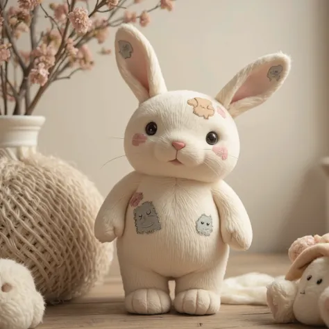 Design a 3D plush-style chubby cute rabbit (standing) character with a soft, furry texture. The character should have a distressed, vintage look with patches and stitches, and feature a muted, sepia-toned color palette, Vaporwave color