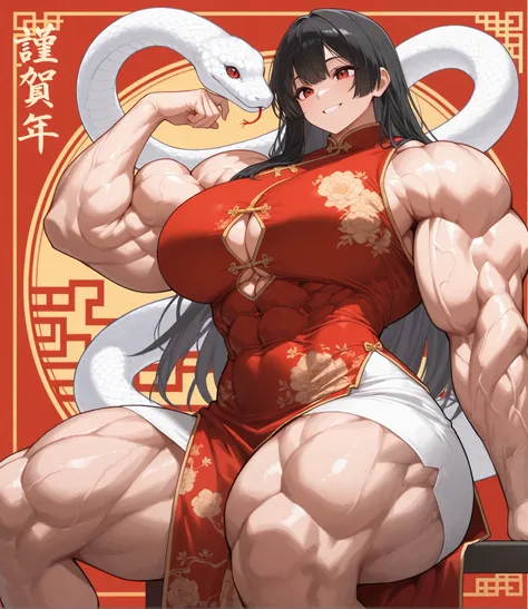 , masterpiece, Best Quality ,(Fraction_ 9,Fraction_8_up ,Fraction_7_up ), 1 Girl ,( alone) Extremely Detailed Facial , ,skirt, ( muscular, muscular female),double dun，black hair,A white snake is next to you, ( Huge Quadriceps ), Oblique muscles,  huge bice...