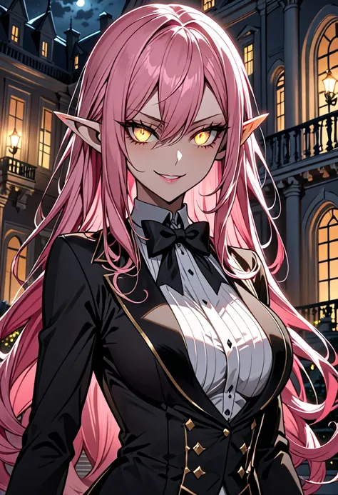  alone, female, sfw, medium plan, butler,  pointy ears ,  long pink hair,  golden eyes,  split pupils,  slightly glowing eyes: 0.5,  big boobs, butler pose,  sinister smile, mansion, night,  bow tie , elegant
